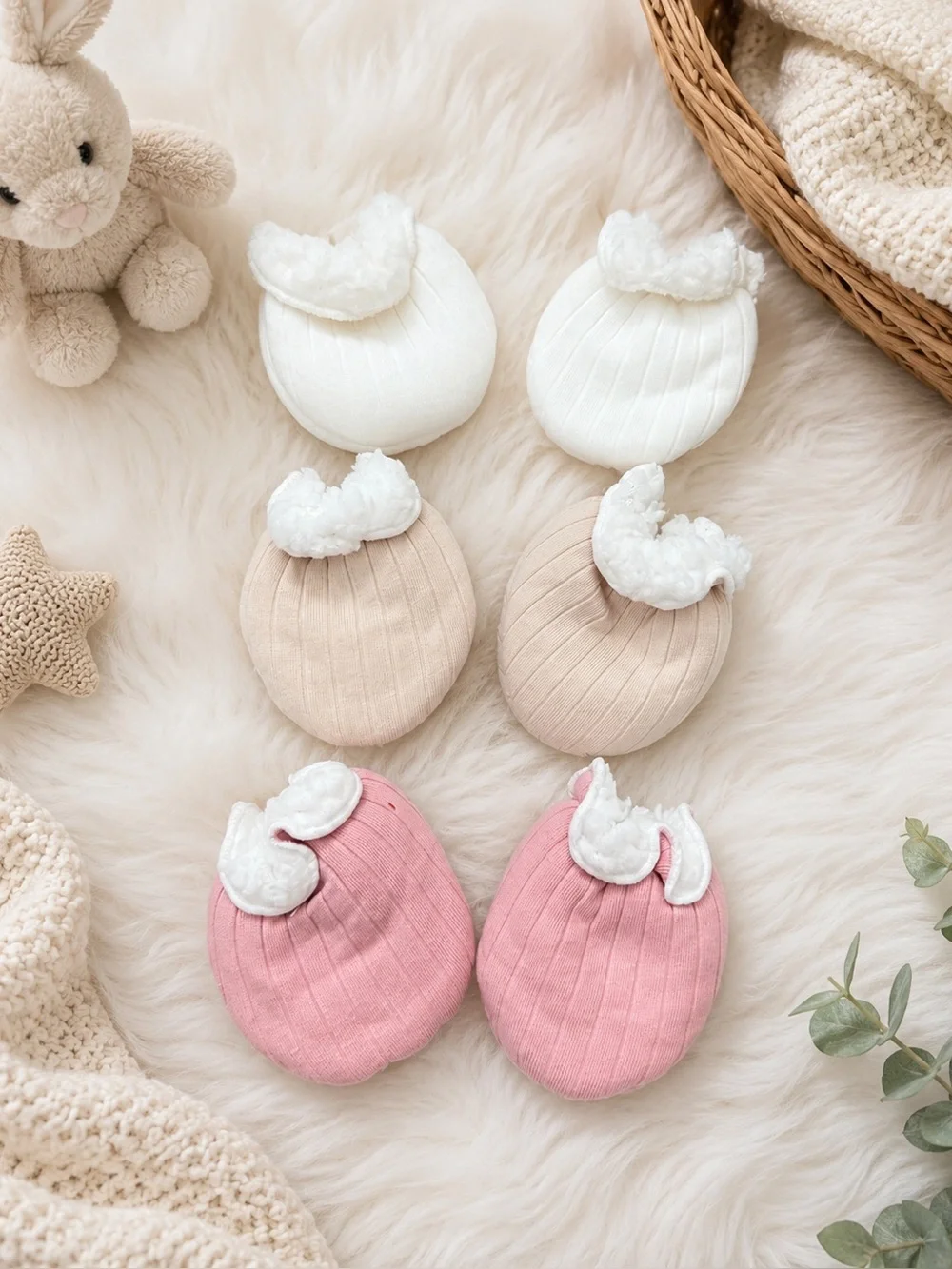 Baby Newborn Infant Sherpa Cuff Mittens 3-Pair Set Pink Beige Ivory